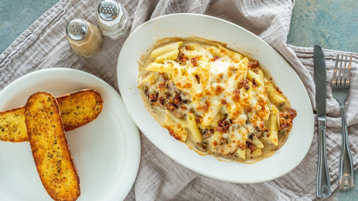 Bacon Penne Alfredo.