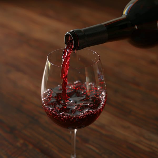 Red wine pouring from a bottle into a glass, creating bubbles, on a wooden surface.