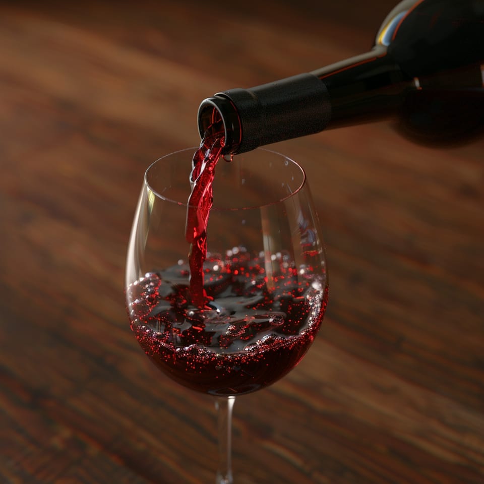 Red wine pouring from a bottle into a glass, creating bubbles, on a wooden surface.