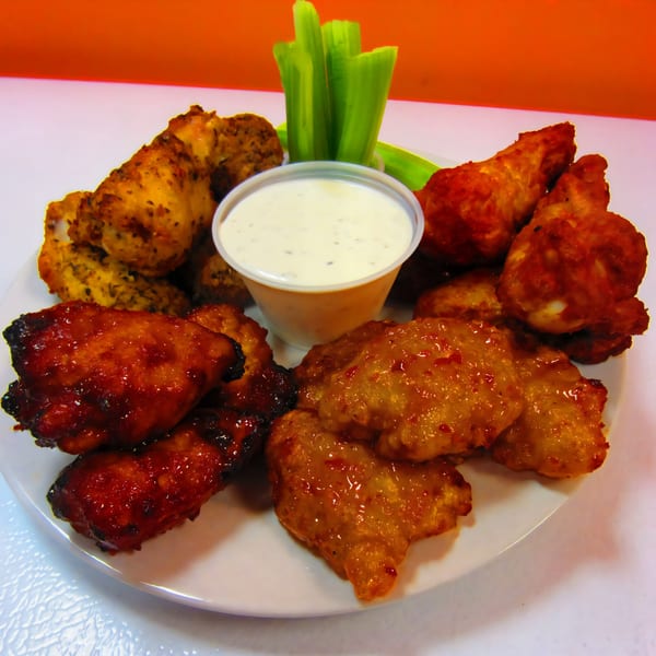 A plate of Cerello's Pizza chicken wings in various sauces with celery sticks and ranch dip.